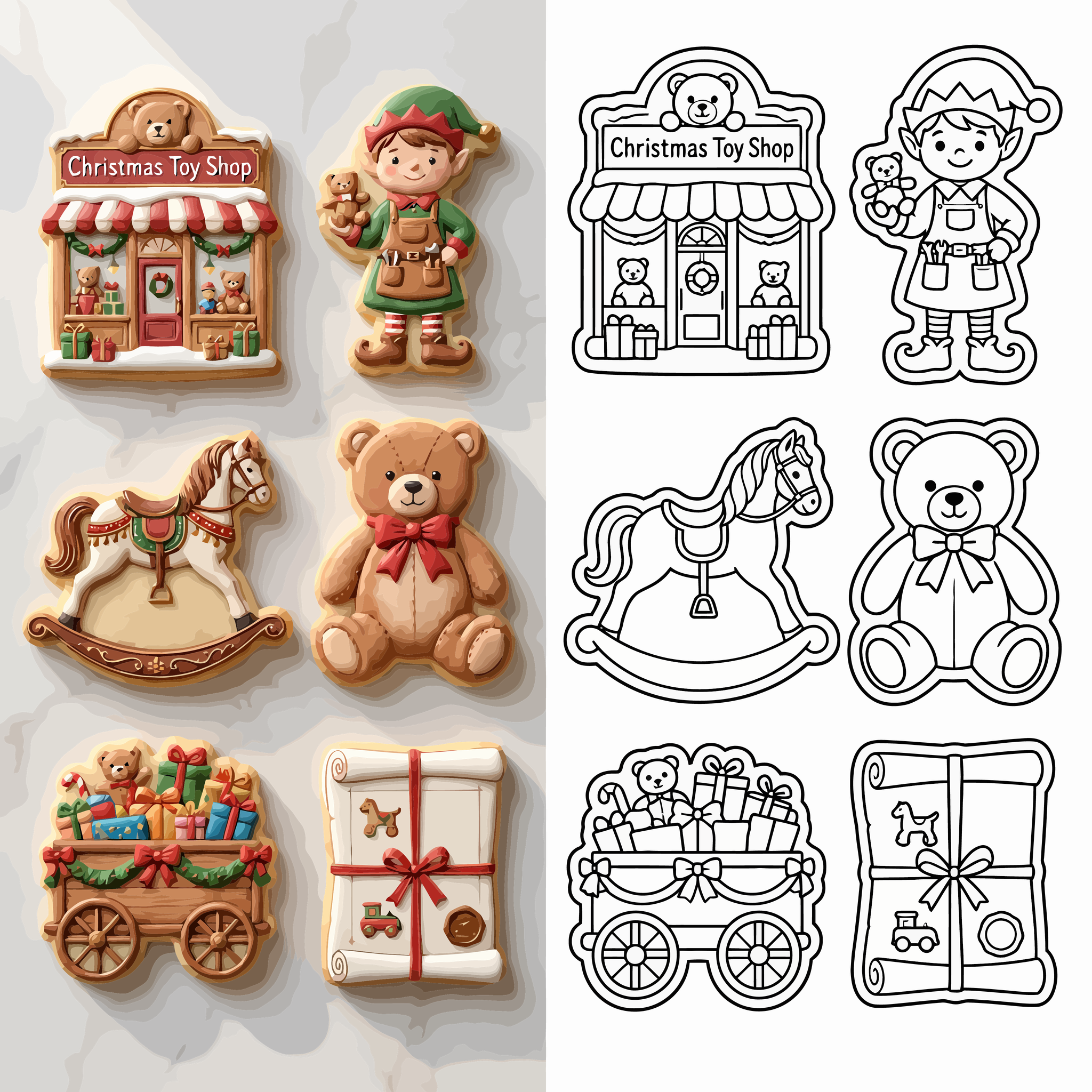 Christmas-Toy-Shop-and-Toymaker-Cookies-and-Simplified-Line-Art-Square