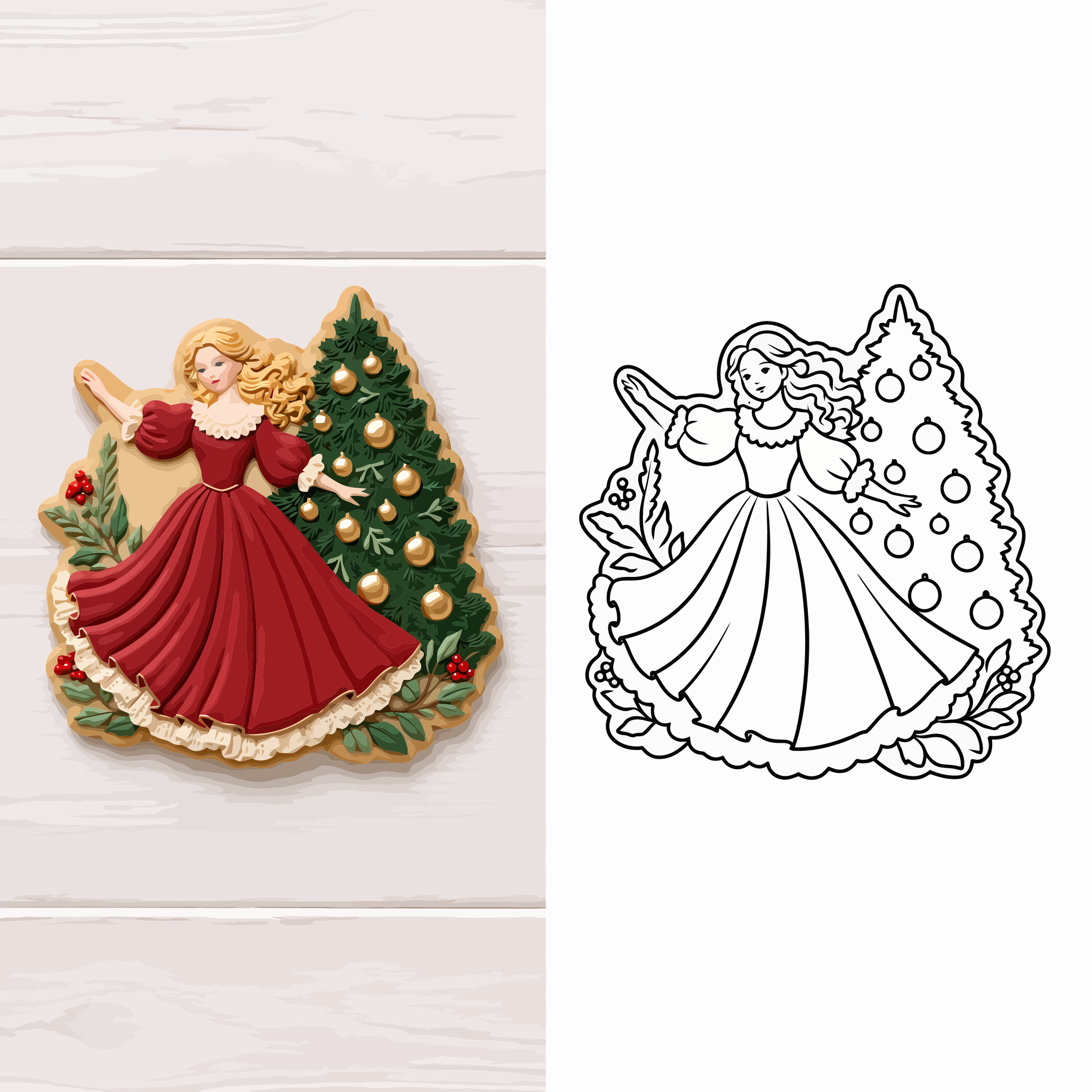 Victorian-Christmas-Lady-and-Tree-Cookie-and-Simplified-Line-Art-Square
